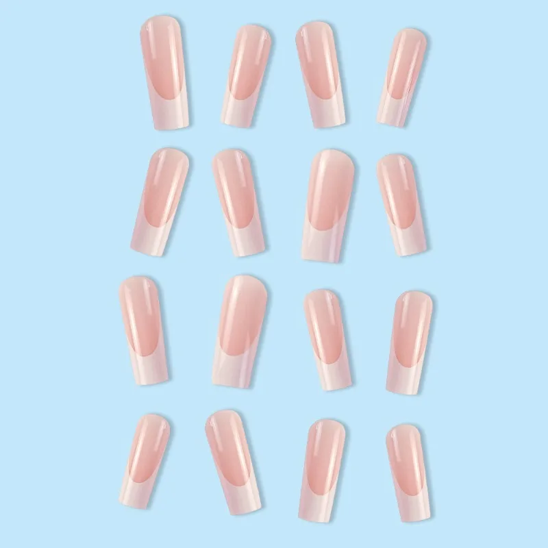 24pcs Long Square Glued Fake Nails Set Simple Self-adhesive Press on Nails Set White French Cheap Reusable Adhesive False Nails