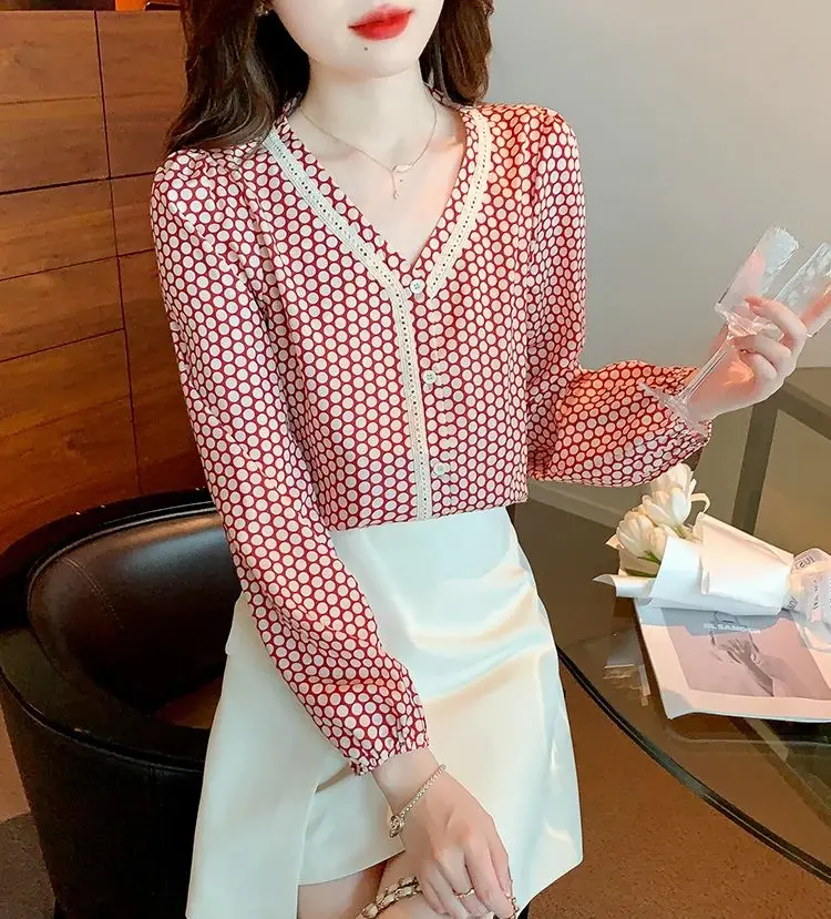 FANIECES camisas e blusas Summer Autumn New Red Plaid Print Shirt for Women Fashion Long Sleeve Chiffon Blouses Lady Casual Tops