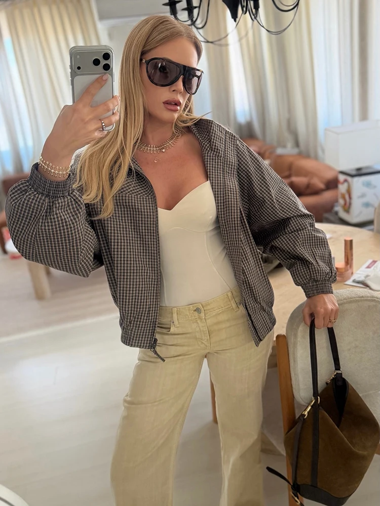 Women'S Fashion Bomber Jacket - Damska kurtka bomberka w kratkę z