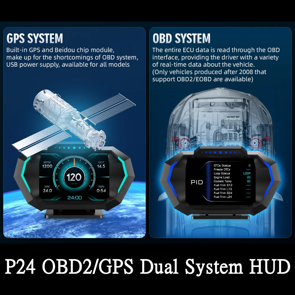 P24 OBD + GPS Doppio Sistema Auto HUD Head-up Display Misuratore di Velocità Temperatura dell\'Acqua Consumo di Carburante Misuratore di Pendenza