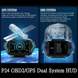 P24 OBD + GPS Doppio Sistema Auto HUD Head-up Display Misuratore di Velocità Temperatura dell'Acqua Consumo di Carburante Misuratore di Pendenza Computer di Bordo Auto