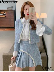 New Blue Tweed Two Piece set Women Short Beaded Jacket + Pleated A-line Skirt Set Casual Chiffon Shirt Plaid Woolen 3 Piece Sets