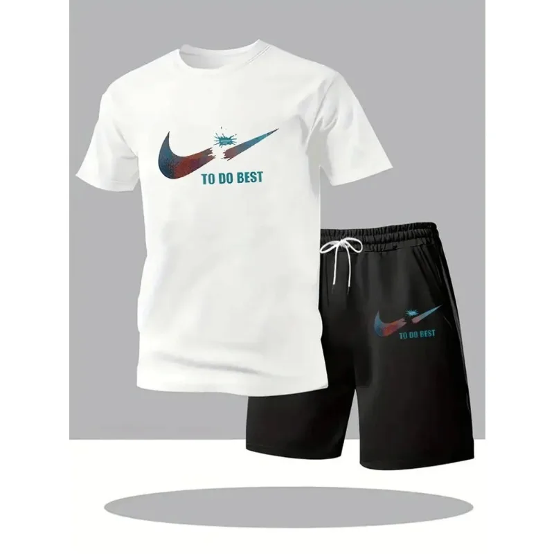 

Men's quick-drying running T-shirt and shorts set with round neckline and elastic fabric. Sport and casual outfit.