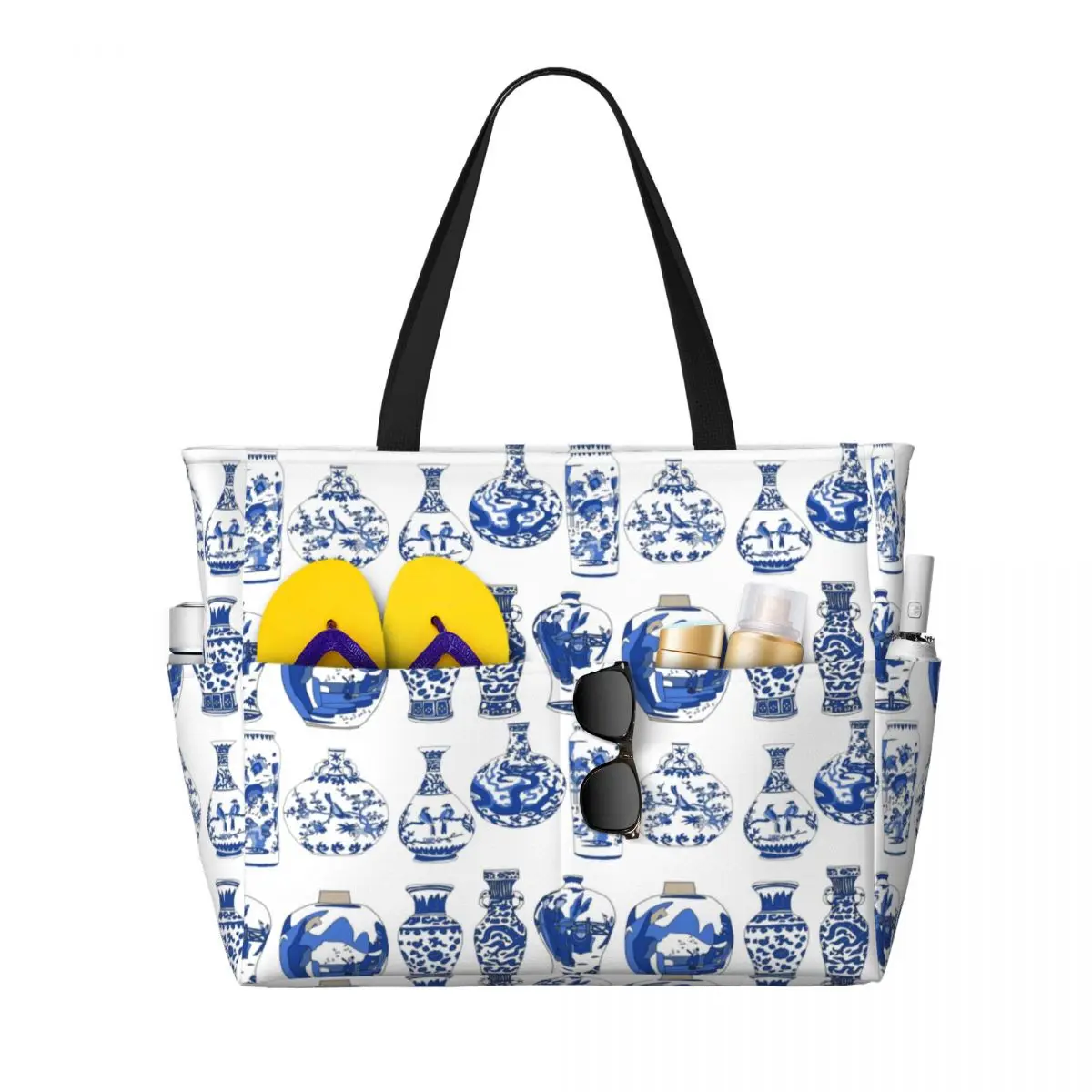 

Custom Blue Oriental Vases Groceries Shopping Tote Bags Women Large Capacity Chinoiserie Porcelain Beach Gym Travel Bags