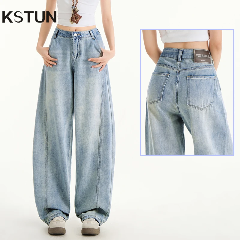 

KSTUN Wide Leg Pants Women Loose Jeans Summer Thin Light Blue Vintage Denim Pants High Waist Womens Clothing Trousers Striped