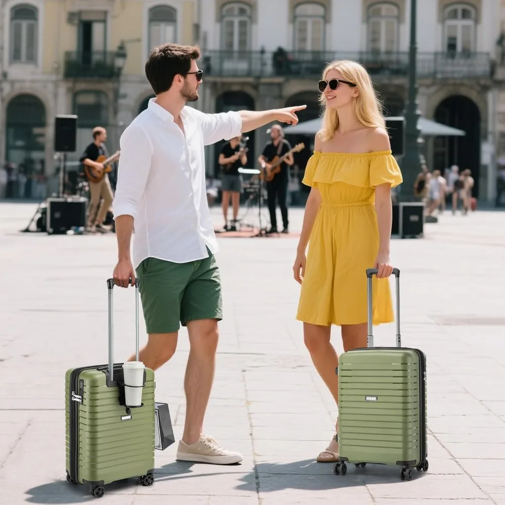 Expandable 20 Inch Spinner Luggage with Durable Hardside and Hidden Cup Holder, Lightweight for Travel