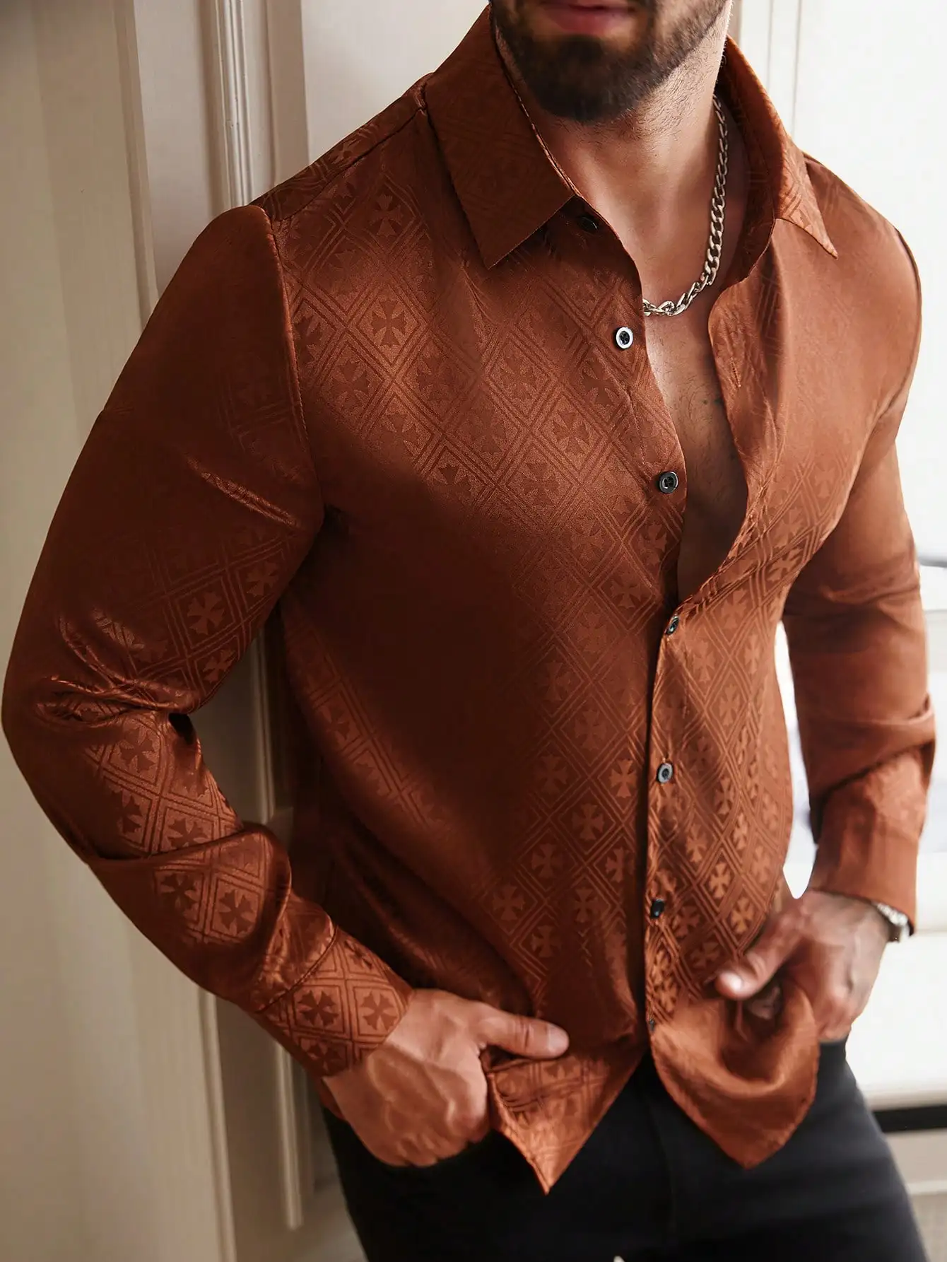 

Men's Rust Brown Patterned Long Sleeve Button-Front Shirt - Vintage Style, Luxury Feel