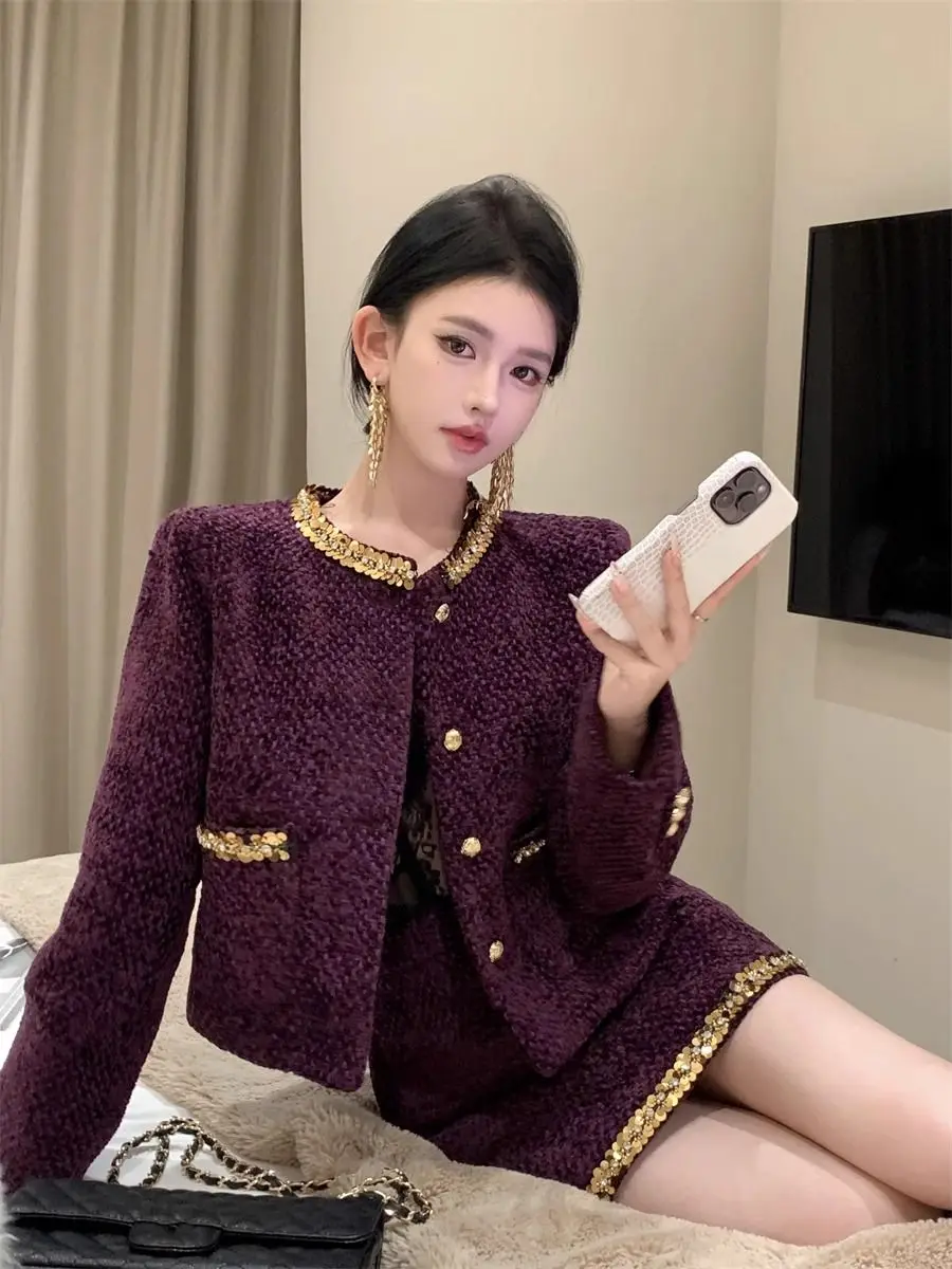 

Black Fragrance Style Set Rich Girl Elegant Personality Autumn Winter Fashion Suit Jacket Dress Two Piece Cotton Long Sl...