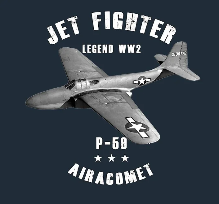 تي شيرت الحرب العالمية الثانية للقوات الجوية الأمريكية P-59 Airacomet Jet Fighter. تي شيرت كاجوال جديد 100% قطن بأكمام قصيرة ورقبة دائرية مقاس S-3XL