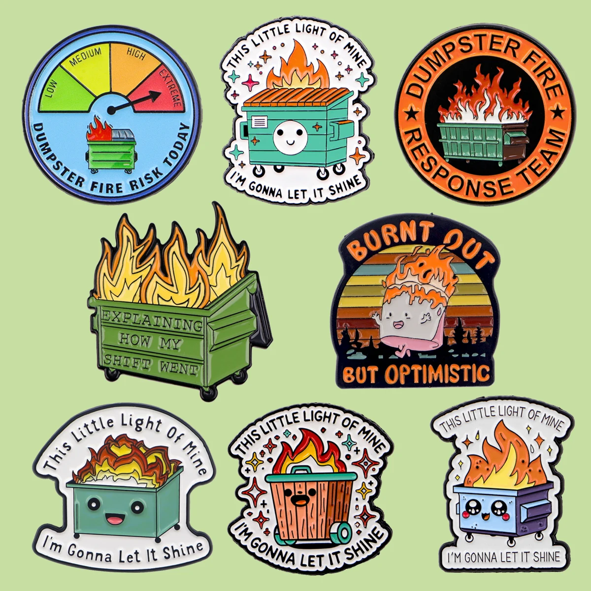 DUMPSTER FIRE Emaille-Pin „Burnt Out“ – Mülleimer-Brosche, Anstecknadel für Rucksack, Kleidung, Accessoires, Schmuck, Geschenke für Freunde