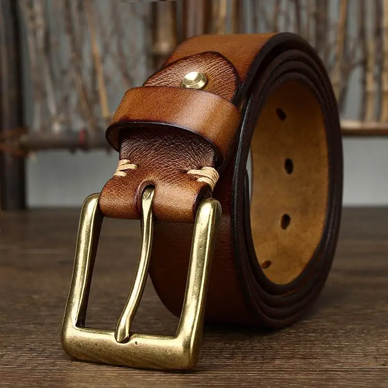 Men's belt genuine leather pure cowhide pin buckle youth first layer cowhide belt casual retro handmade belt men's cowhide