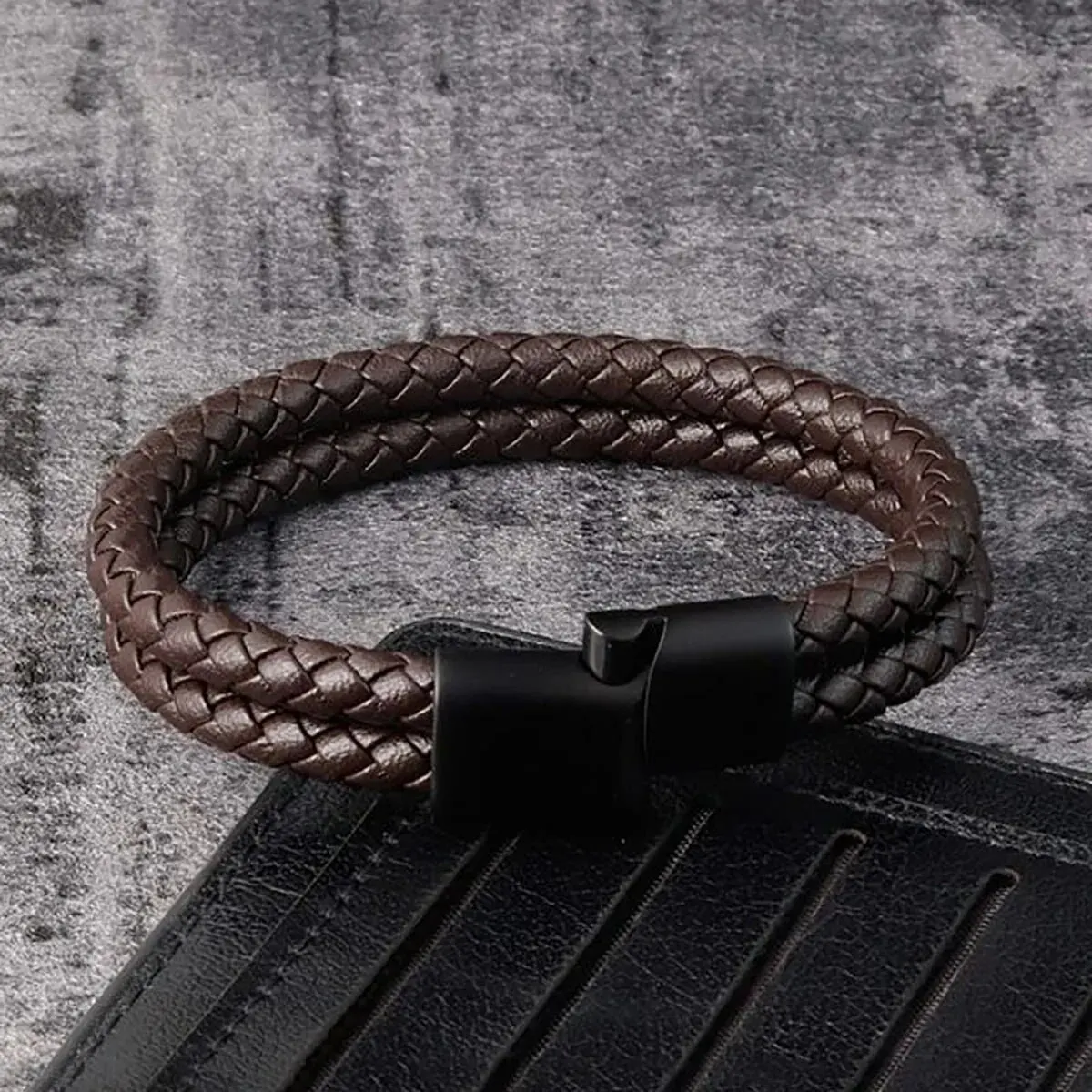 Männer Schwarz Blau Geflochtenes Echtleder Armband Doppelband Armreif – Detail 7