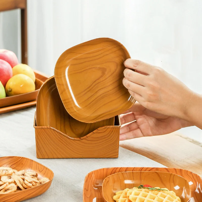 5Pcs Plastic Snack Plate Imitation Wood Cake Trays Sushi Breakfast Dried Fruit Dish Bone Spitting Dish Tableware Serving Plate