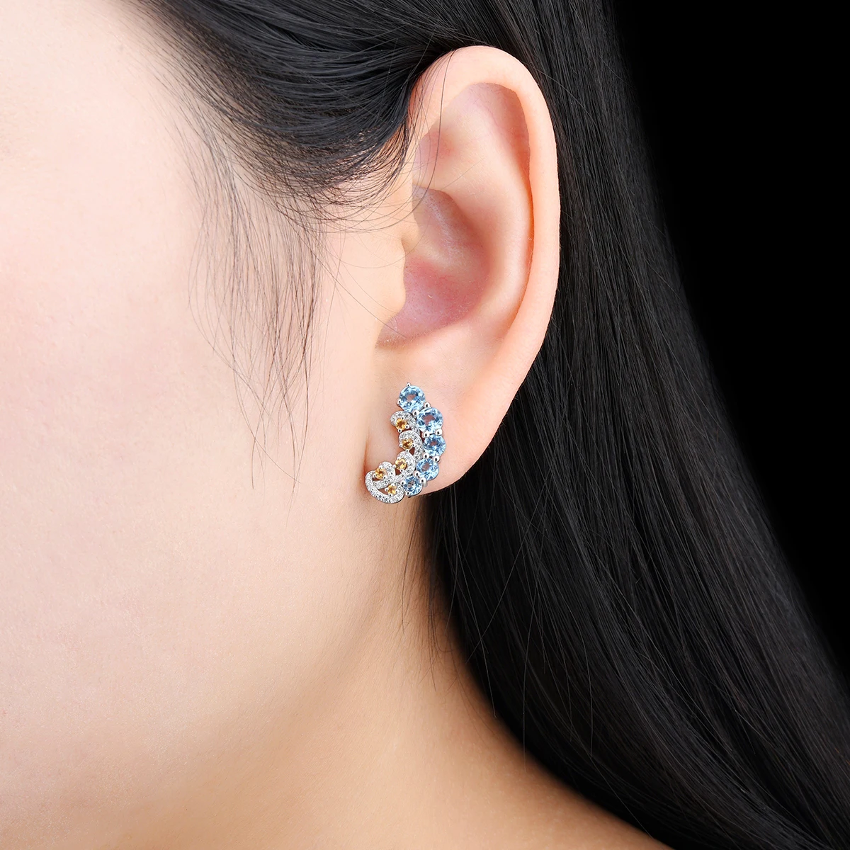 Natural Blue Topaz Citrine Sterling Silver Stud Earring 2.8 Carats Genuine Gemstone Romantic Design Women Summer Jewelrys