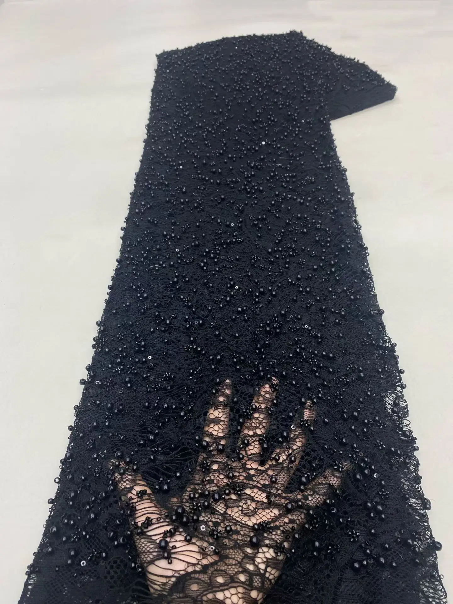 

Black Luxury Hand Beaded Lace Fabric for Bridal High-End Wedding Tulle with French Nigerian Sequins Beads Embroidery 5 Yards