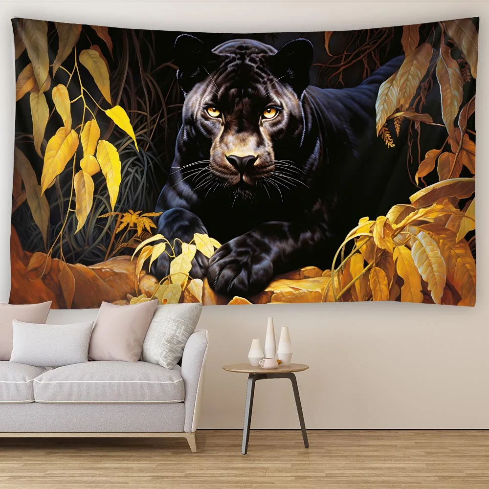 

Black leopard jungle tapestry, animal forest wall hanging cloth, exotic landscape wall art for home dormitory decoration