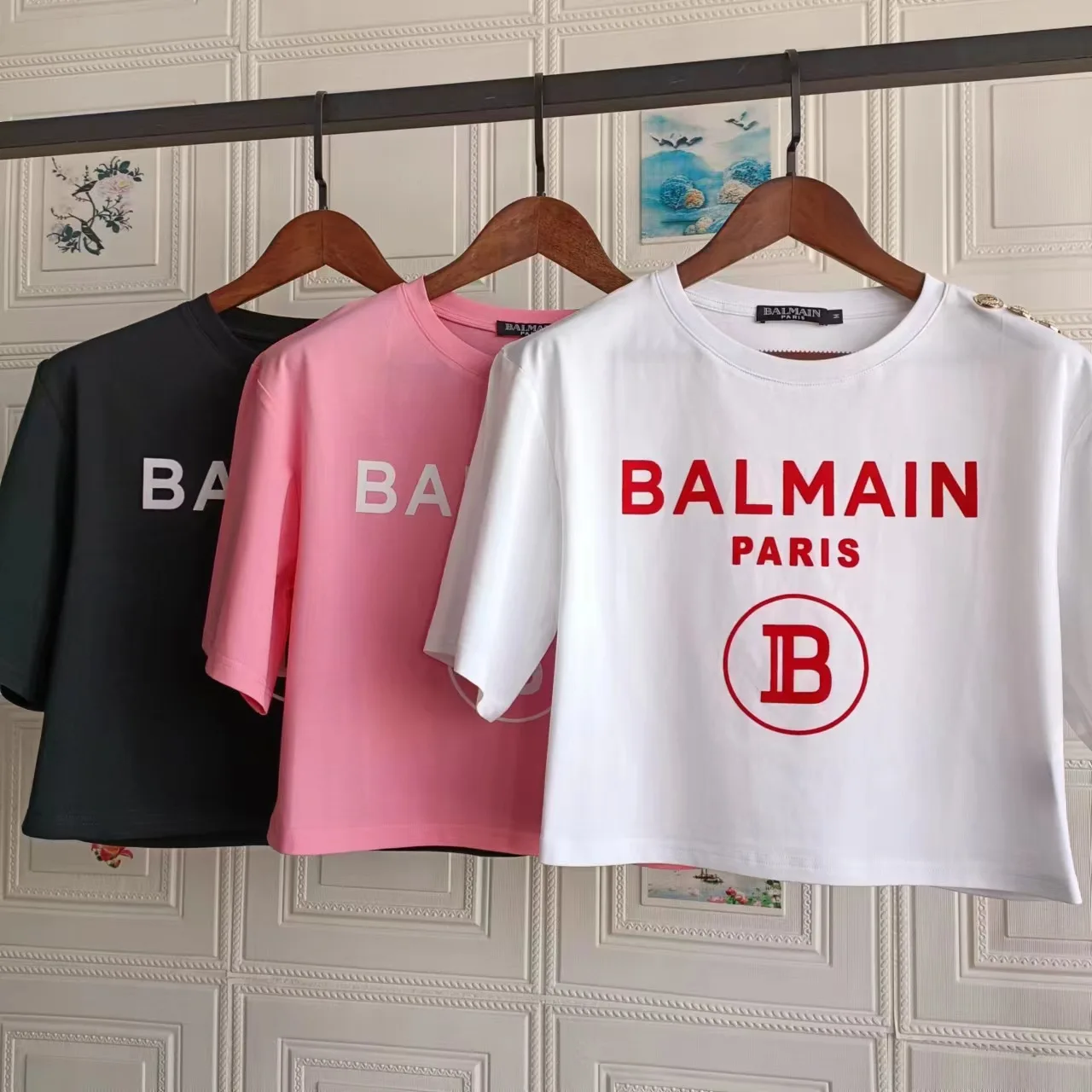 New Balmain Fleece Letter Shoulder Buckle Top Cotton Short T-Shirt Couple