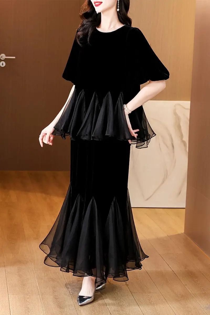 Autumn Black Velvet Long Sleeve Top Coat+Hlaf Length Skirt Two Piece Sets 2024 Female Chic Patchwork Beading Ruffled Dress Suits