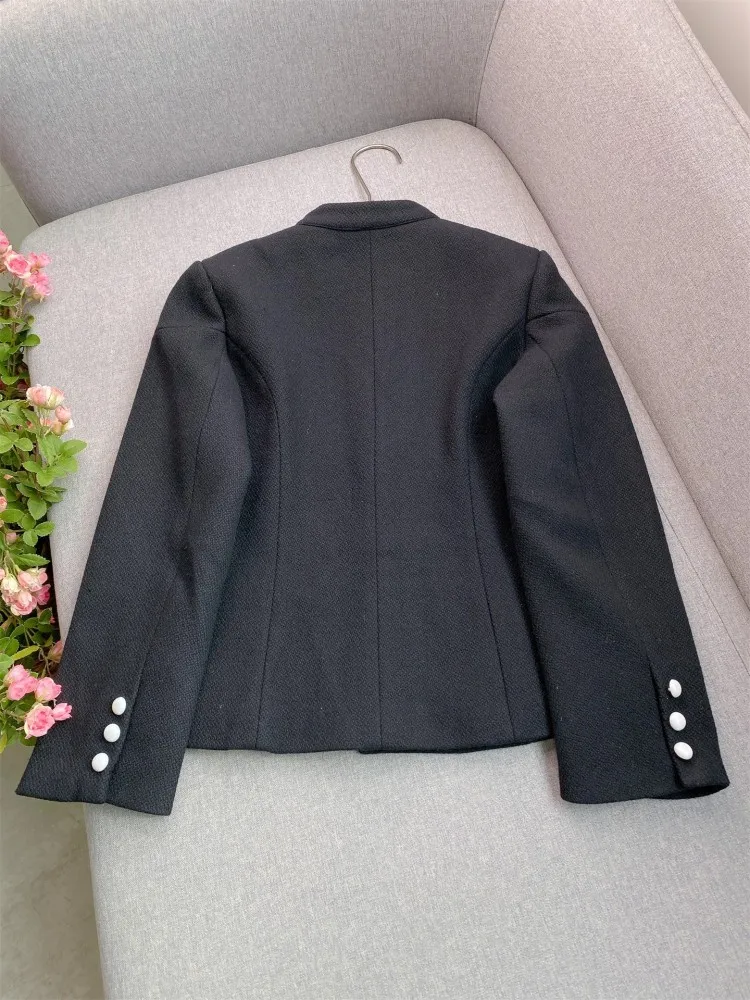 Office Dames Elegante Stand Kraag Tweed Jas Enkele Breasted Zakken Nieuwe Herfst Slim Fit Zwarte Jas Damesmode Bovenkleding