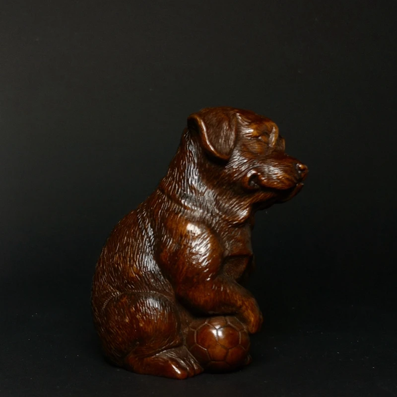 YIZHU CULTUER ART Size 2.4 inch Old China boxwood hand carved lovely animal love ball Dog statue decoration Gift Collection