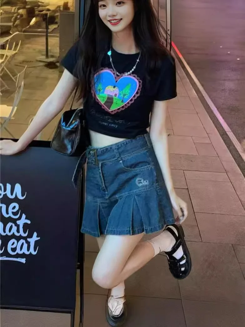 

Ковбойская плиссированная короткая юбка для женщин весной и летом 2024 года, короткая юбка А-силуэта с завышенной талией и висящей, висящая повседневная.