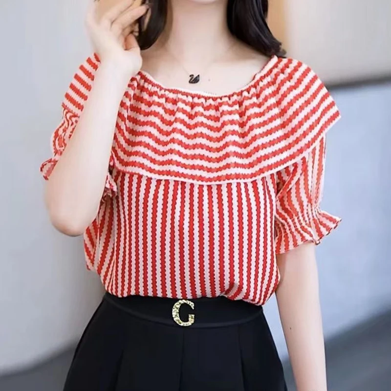 Fashion All-match Off Shoulder Blouse Thin Short Sleeve Print Loose Office Shirt Tops Summer New Elegant Vintage Women Clothing