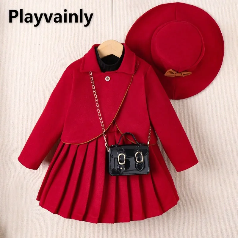 

Korean Style New Autumn Winter Girls Outfits Red Apricot Turn-down Collar Long Sleeve Coat+Pleated Skirt+Hat Kids Clothing A2703