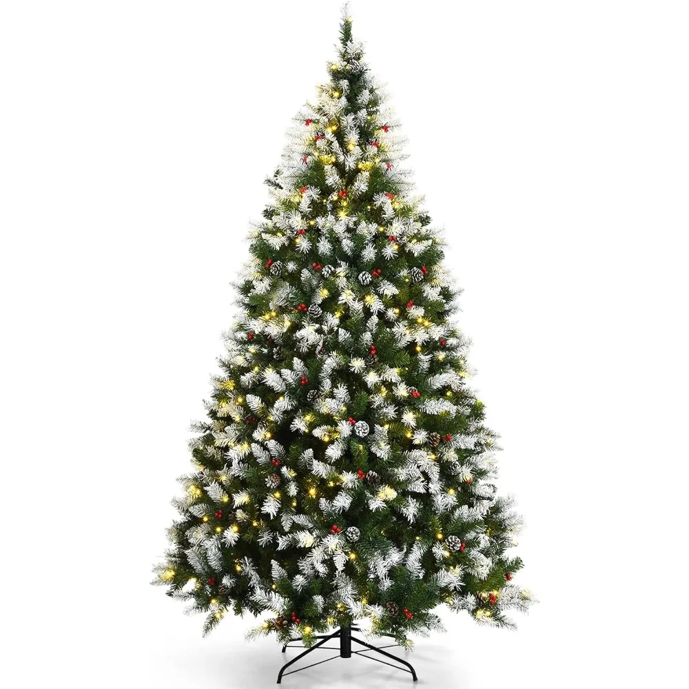 

7.5ft Pre-lit Snowy Christmas Tree with 550 Warm White LED Lights & 1398 PVC Tips, 8 Lighting Modes, Hinged