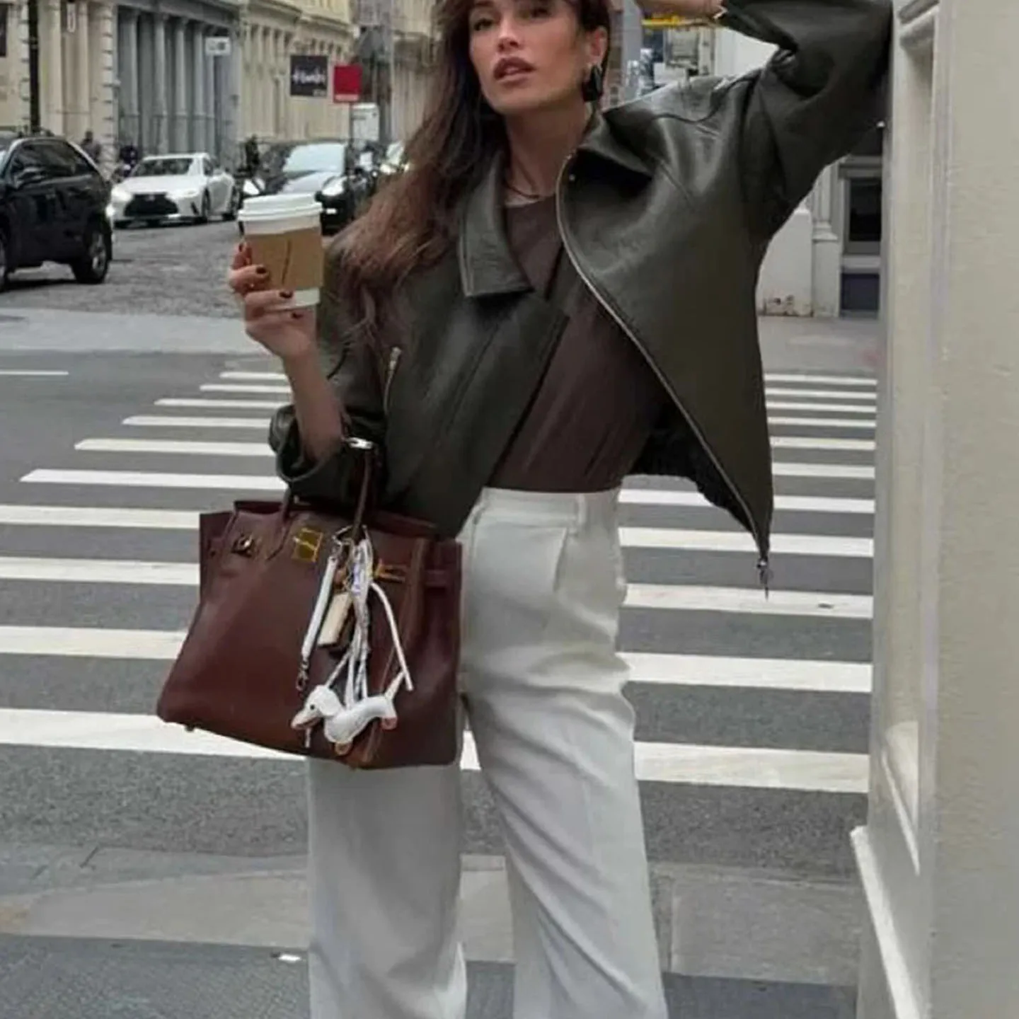 Retro Damen PU-Lederjacke mit Langem Kragen, Reißverschluss, Locker Geschnitten, Herbst Neuheit, Modische Damenoberbekleidung