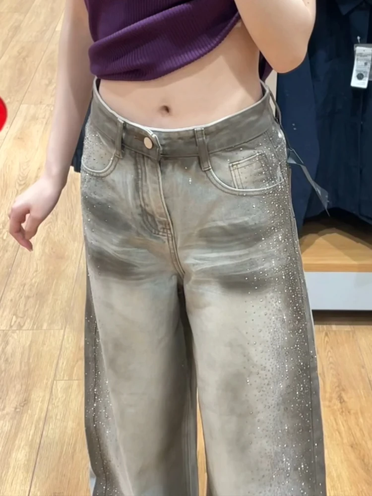 Retro American Design Faded Denim Jeans Women Summer Spicy Side Rhinestone Floor-Length Pants Natural Waist Pure Color