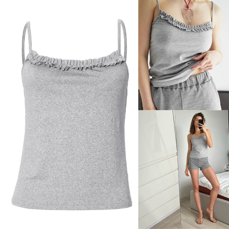 

Womens Sleeveless Square Neck Crop Top Solid Ruffle Top Sexy Summers Fall Vests Cami Shirt Top Goings Out Top
