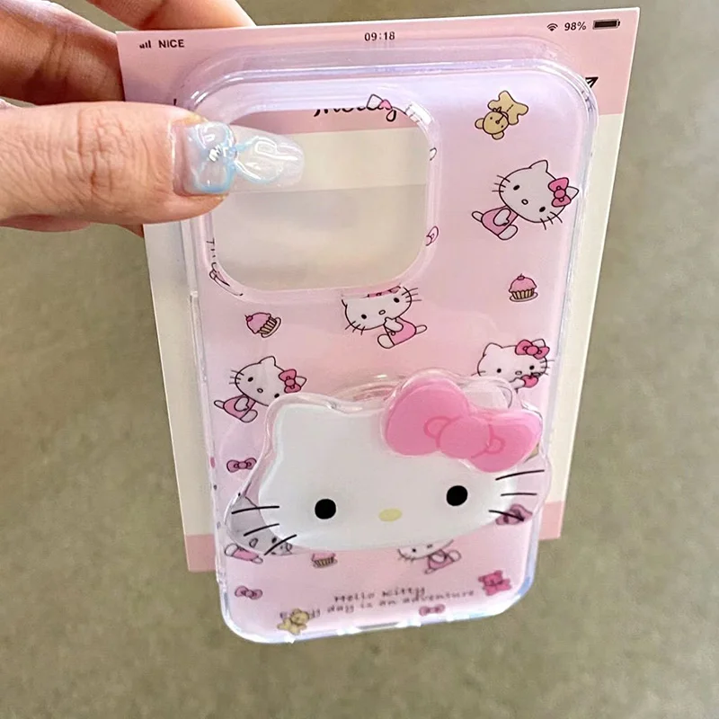 Cute Pink Cartoon Hello Kitty Cat Bracket Anti-drop Phone Case For iPhone 13 12 14 15 Pro Max Luxury Soft Protect Cover image 5