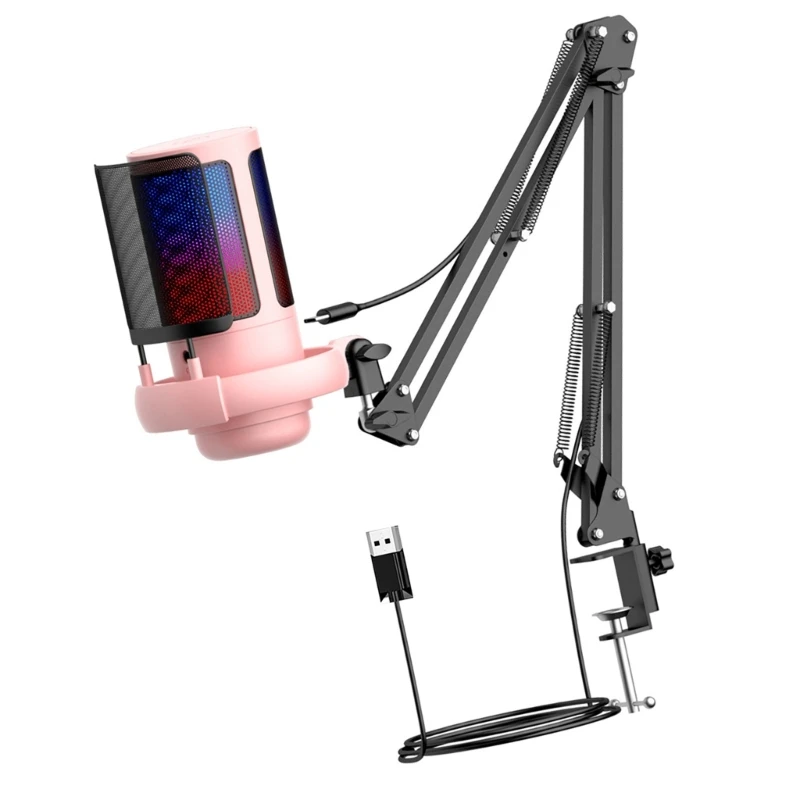 Professional Gaming Microphone Desktop USB Clip Mount Mic with Detachable Metal Shock Mount & LED Light Effects