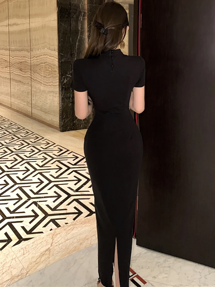 Letnia Czarna Dzianinowa Bawełniana Elegancka Sukienka z Kokardą, Kwadratowym Dekoltem i Długim Rękawem Damska Vintage Hepburn Sukienka na Bal Maturalny 2025 Koreańska Sukienka Bodycon na Imprezę