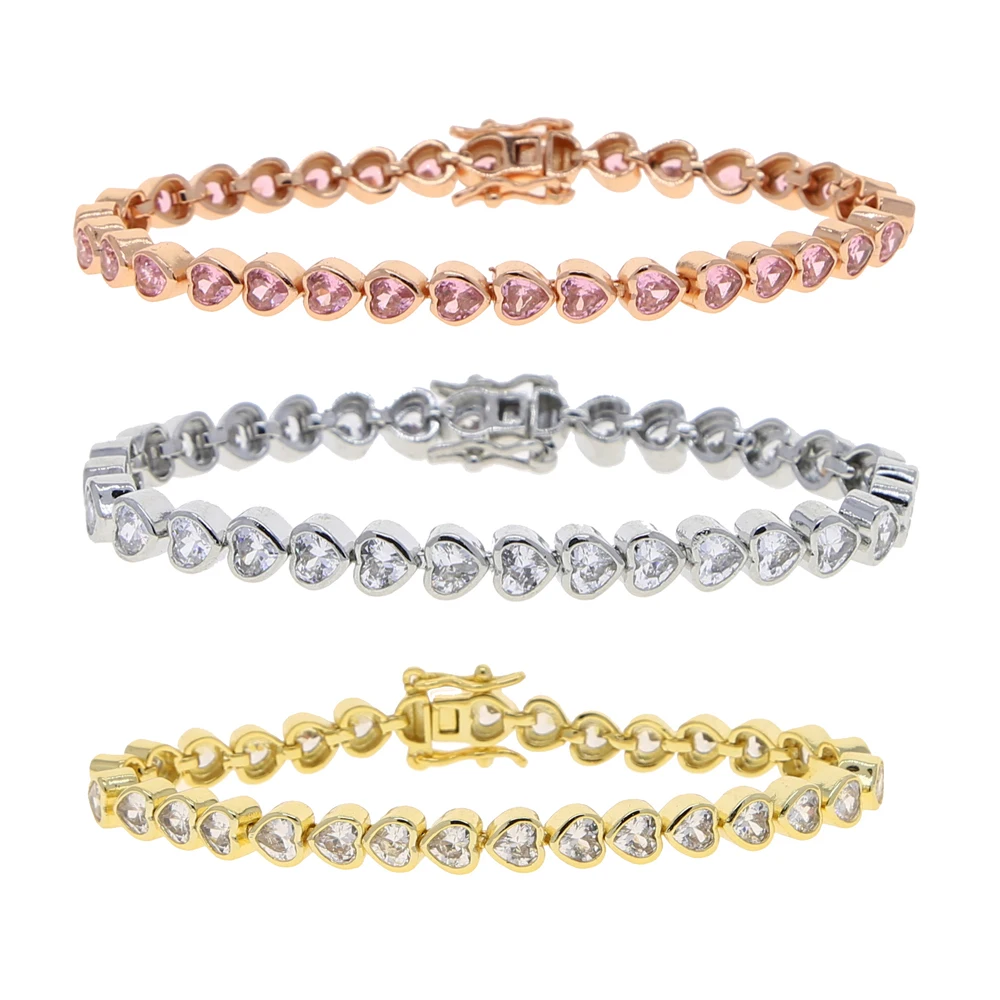 New Iced Out Bling 5A Cubic Zirconia Heart Shape Cz Tennis Chain Bezel Heart Bracelet Valentine's Gift For Girlfriend Lover
