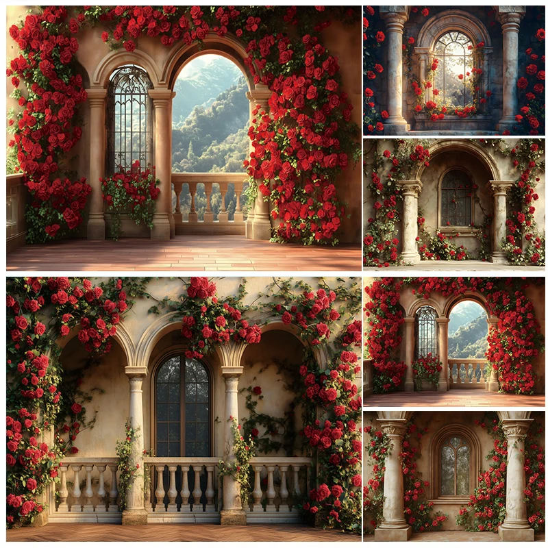 Red Rose Retro European Castle Palace Photography Backdrop Spring Flower Arch Bride Shower Wedding Party Background Photo Studio