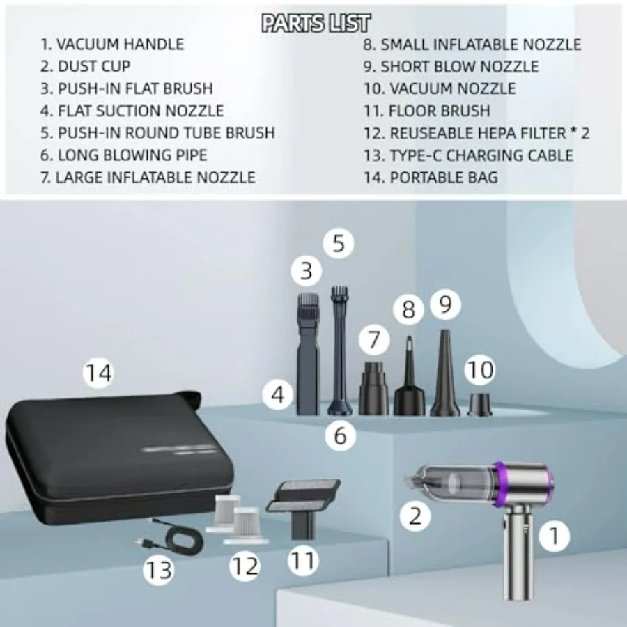 مكنسة كهربائية محمولة للسيارة بقوة 21000 باسكال قابلة لإعادة الشحن، مكنسة كهربائية صغيرة لاسلكية عالية الطاقة ومنفاخ 4 في 1 مع مكنسة تروس مع 3 تروس مع