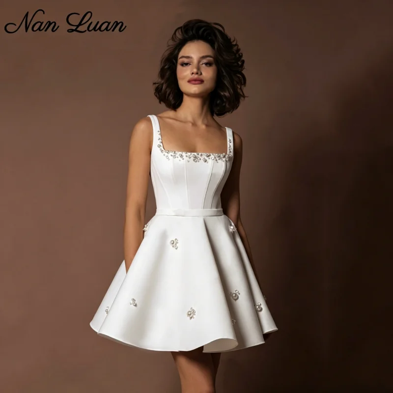 2026 Square Neck Satin Short Wedding Dress with Beaded Skirt Vestidos De Novia Customized