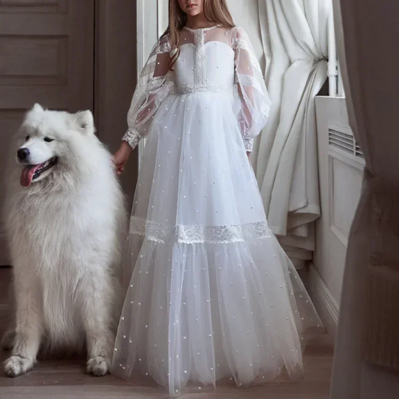 Vestido de niña de flores de encaje, corte en A, cuello redondo, largo hasta el suelo, vestidos de dama de honor junior para boda, dama de honor, primera comunión