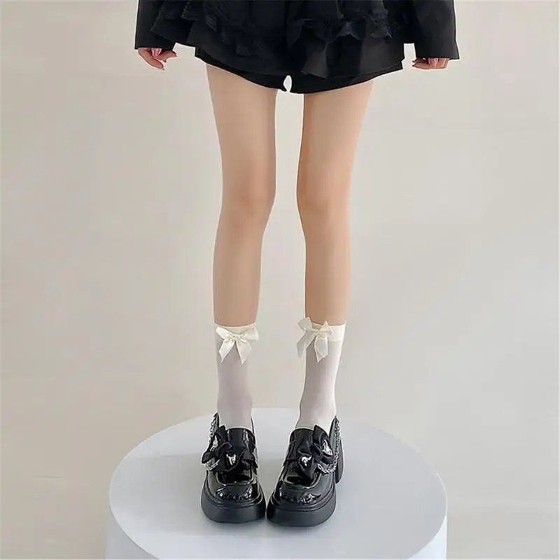 

L5YC Summer Casual Ice Silk Thin Ankle Socks with Bowknot for Women Student Japanese Solid Candy Color Middle Tube Sock