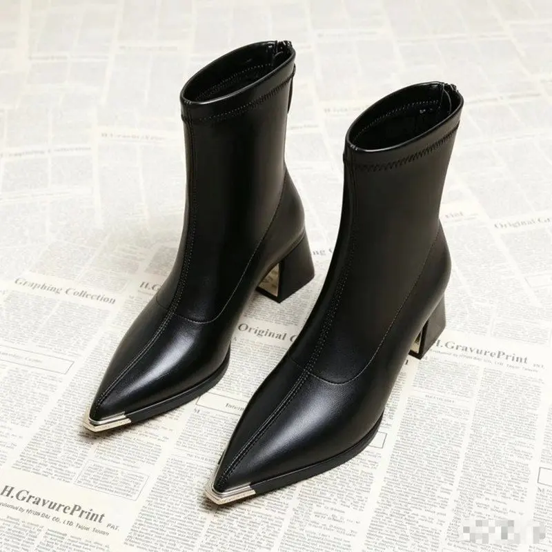Elegant Women Ankle Booties, Pointed Toe with Metal Cap, Chunky Block Heel Back Zipper Boots, Fashion Autumn Winter Dress Shoes