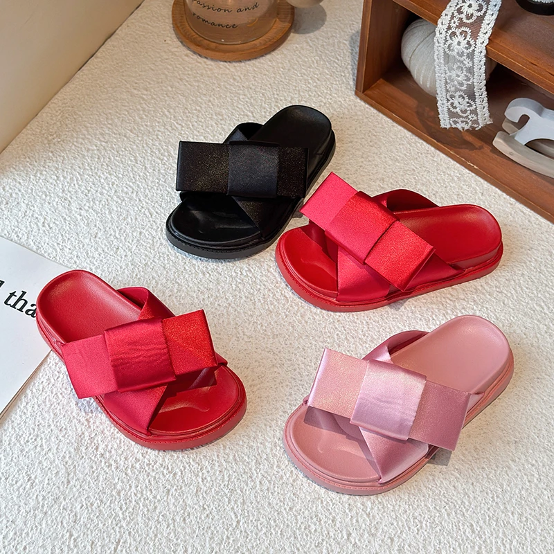 Children Summer Platform Slippers Solid Color Bow Girls Causal Shoes for Outdoor Indoor Open-toe Kids Beach Slippers Lightweight