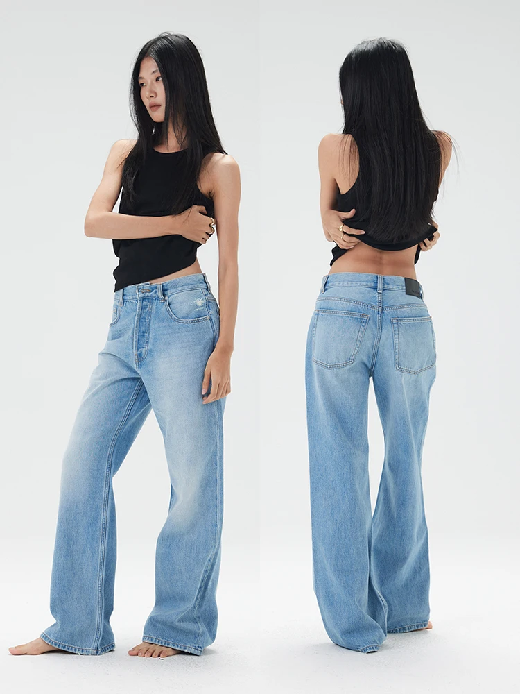 

No.93 винтажные светло-голубые джинсы с американской талией, женские свободные прямые длинные брюки с эффектом похудения, осень-зима, новый Sle