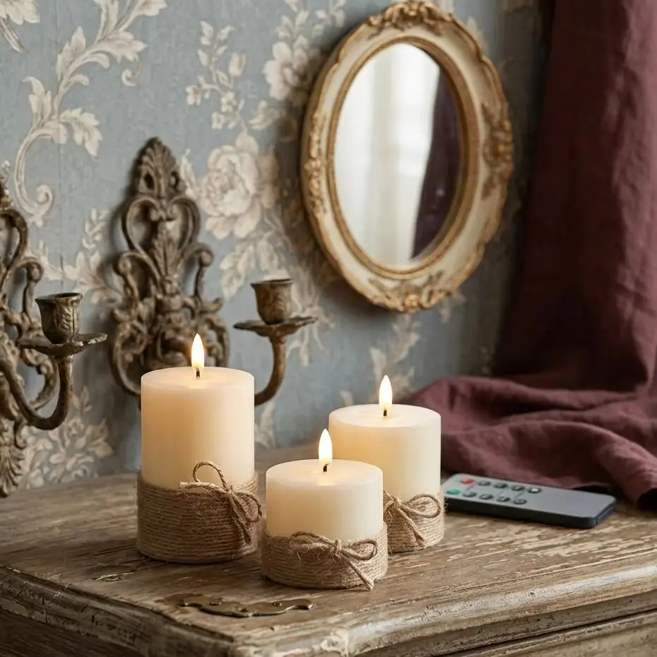 Paquete de 3 Velas LED con Cuerda, Control Remoto y Temporizador, Funcionan con Batería, Estilo Rústico Francés y Decoración para el Hogar