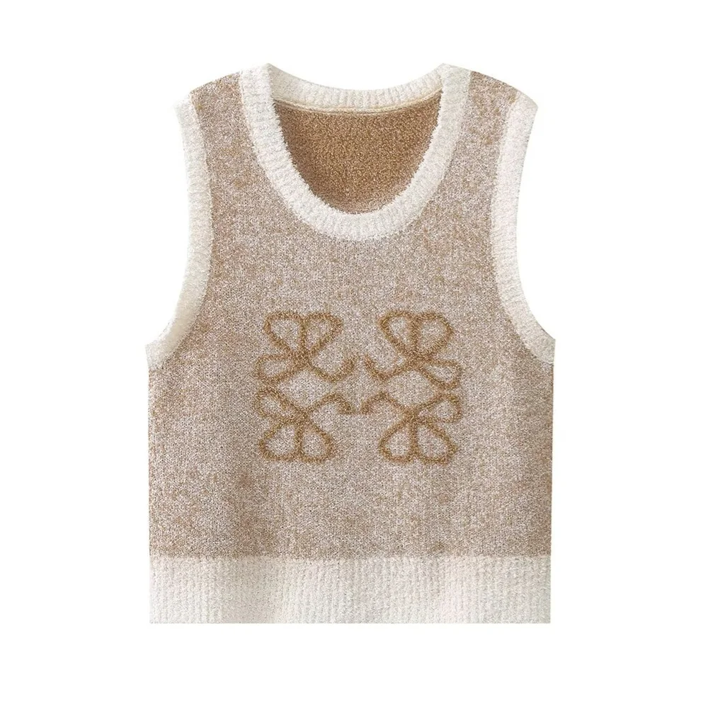 New 2024 Spring Women Sweater Fashion Versatile Round Neck Slim Fit Jacquard Sleeveless Knitted Tank Top Female Casual Sweater