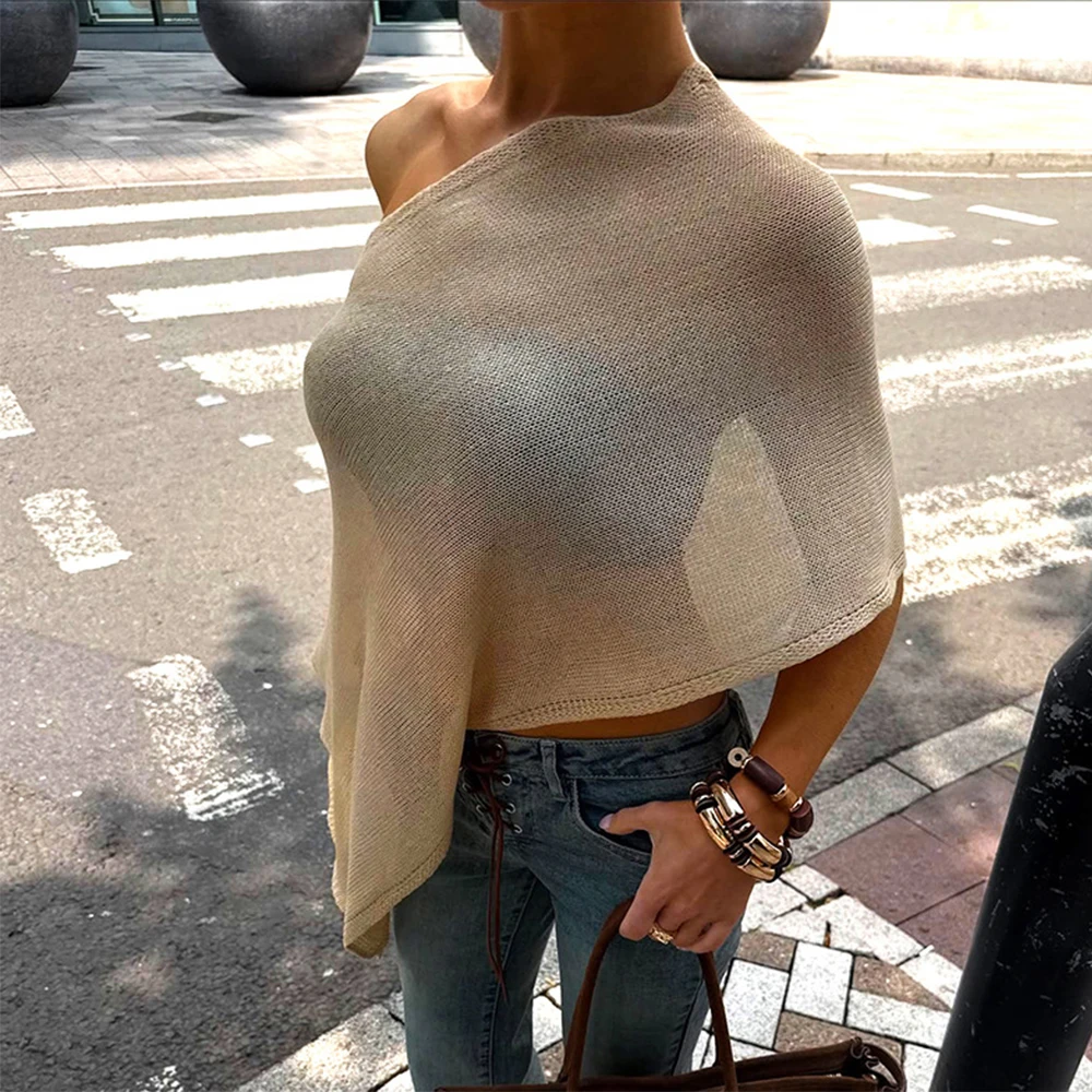 Poncho de punto transparente estético bohemio y2k para mujer, suéter asimétrico con hombros descubiertos, camisetas transparentes para cubrir