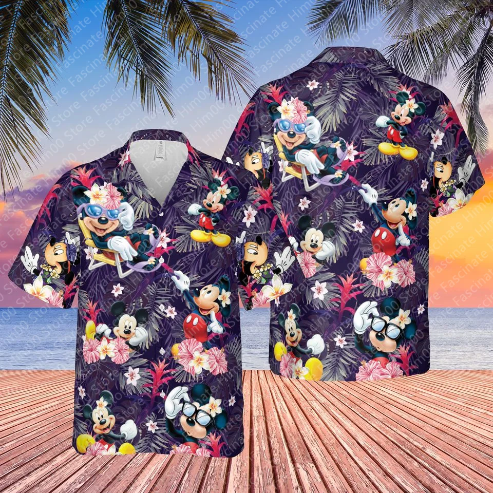 Disney Mickey Mouse T-shirt Children\'s summer comfortable short-sleeved shirt Men\'s Hawaiian vacation shirt clothing