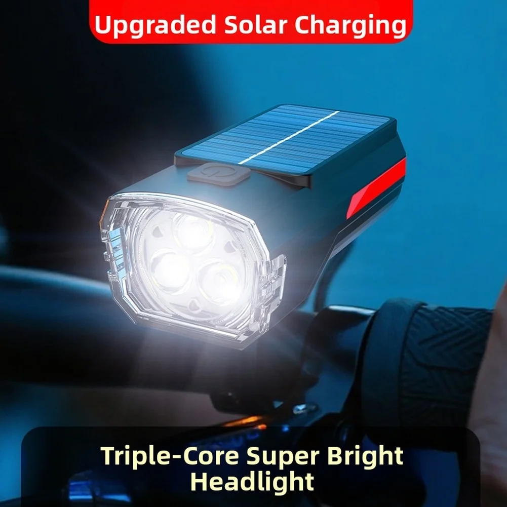 Solar Powered Bicycle Headlight Super Bright USB Rechargeable 3 LED Waterproof Front Lamp For Mountain Road Bike Cycling Parts