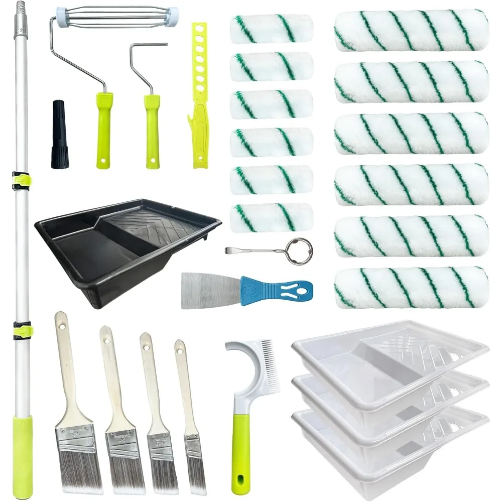 

Professional 28 Piece Paint Roller Set with Extension Pole 2 4ft and Cleaning Tool for Walls Ceilings