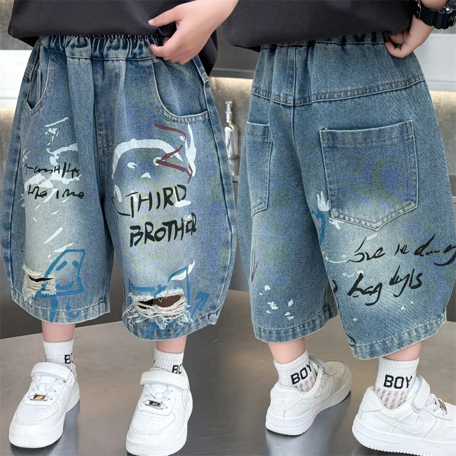 

New Summer Kids Children Knee-Length Denim Shorts with Drawings for Baby Boys Loose Wide Baggy Ripped Short Jeans with Holes
